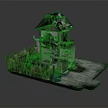 Cartoon Scene with Charming House Blue Roof Stone Walls Wooden Fence and Green Porch Decor
