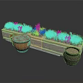 Long Stone Flower Planter With Mixed Colorful Flowers And Decorative Clay Urns
