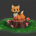 Cute Cartoon Fox Sitting On Tree Stump With Red Mushrooms And Green Grass