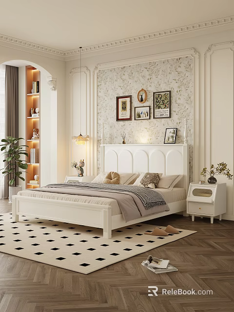 Cozy Double Bed with White Headboard Pillows Bedside Table Plants and Decorative Wall Art 3d model 