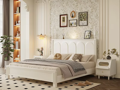 Cozy Double Bed with White Headboard Pillows Bedside Table Plants and Decorative Wall Art 3d model