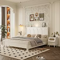 Cozy Double Bed with White Headboard Pillows Bedside Table Plants and Decorative Wall Art