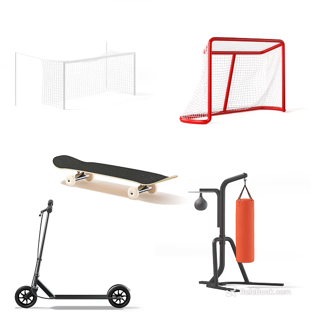 Essential Sports Equipment Including Soccer Goal Hockey Net Skateboard And Punching Bag 3d model 