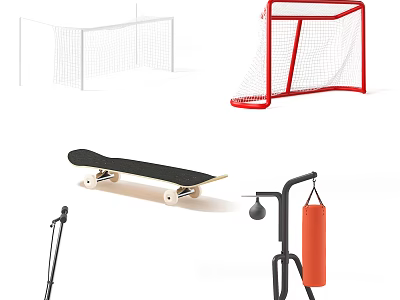 Essential Sports Equipment Including Soccer Goal Hockey Net Skateboard And Punching Bag 3d model