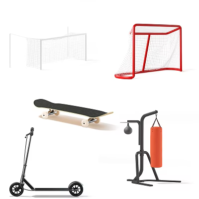 Essential Sports Equipment Including Soccer Goal Hockey Net Skateboard And Punching Bag 3d model