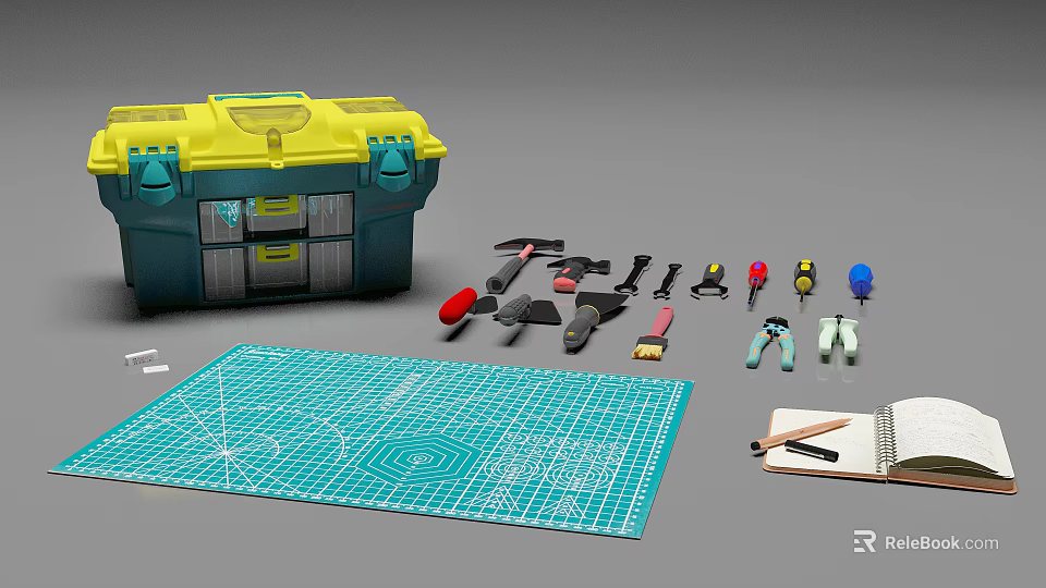 Complete Hardware Tools Kit Featuring Yellow Toolbox Cutting Mat Notebook And Pencil 3d model 