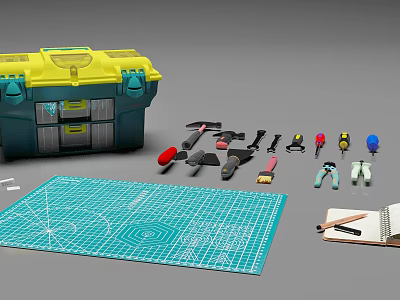 Complete Hardware Tools Kit Featuring Yellow Toolbox Cutting Mat Notebook And Pencil 3d model