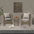 Rattan Leisure Chairs With Beige Cushions Small Round Table Fruit Decorative Painting And Plants