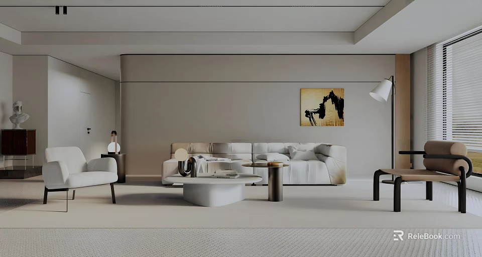 Modern Living Dining Room Interior Design With Sofa Coffee Table Floor Lamp And Wall Art 3d model 