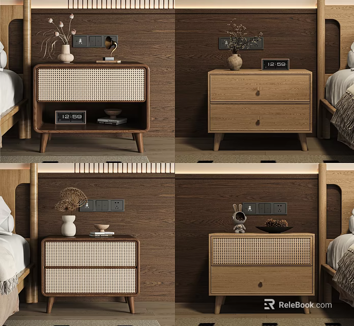 Modern Wooden Bedside Table Design With Woven Panels Drawers And Decorative Vase Clock 3d model 