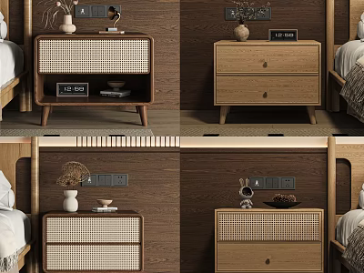 Modern Wooden Bedside Table Design With Woven Panels Drawers And Decorative Vase Clock 3d model