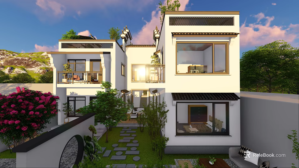 Modern Detached Villa With White Exterior Large Windows Courtyard And Green Plants 3d model 