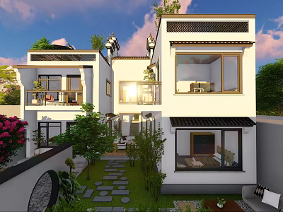 Modern Detached Villa With White Exterior Large Windows Courtyard And Green Plants 3d model