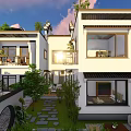 Modern Detached Villa With White Exterior Large Windows Courtyard And Green Plants