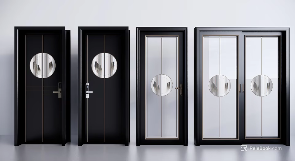 Modern Interior Hinged Doors With Black Frames Glass Panels And Circular Patterns 3d model