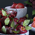 Fresh Ripe Red Apples Cherries Peaches And Pomegranate With Purple Flowers And Fresh Leaves