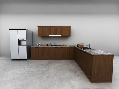 Modern Kitchen Interior With Wooden Cabinets White Refrigerator And Marble Island Countertop 3d model