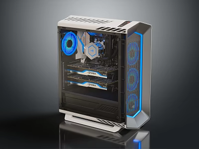 Modern Gaming PC Case With Transparent Side Panel Blue LED Fans And Internal Components 3d model