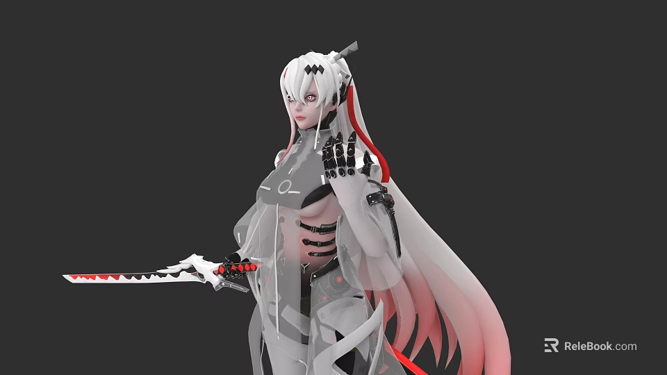 Futuristic Game Movie Character With White Hair Mechanical Parts Translucent Outfit And Red Accent Sword 3d model 