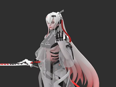 Futuristic Game Movie Character With White Hair Mechanical Parts Translucent Outfit And Red Accent Sword 3d model