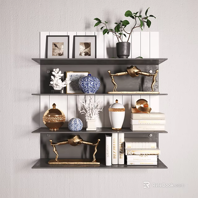 Stylish Wall Cabinets with Decorative Vases Books and Small Potted Plant 3d model 