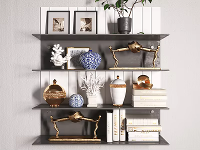 Stylish Wall Cabinets with Decorative Vases Books and Small Potted Plant 3d model