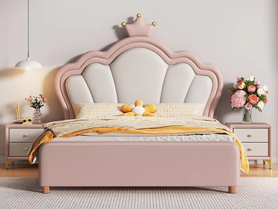 Pink Upholstered Kids Bed With Shell Shaped Headboard And Crown Decoration 3d model