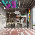 Industrial Style Restaurant With Neon Signs Chinese English Signs And Red White Striped Floor