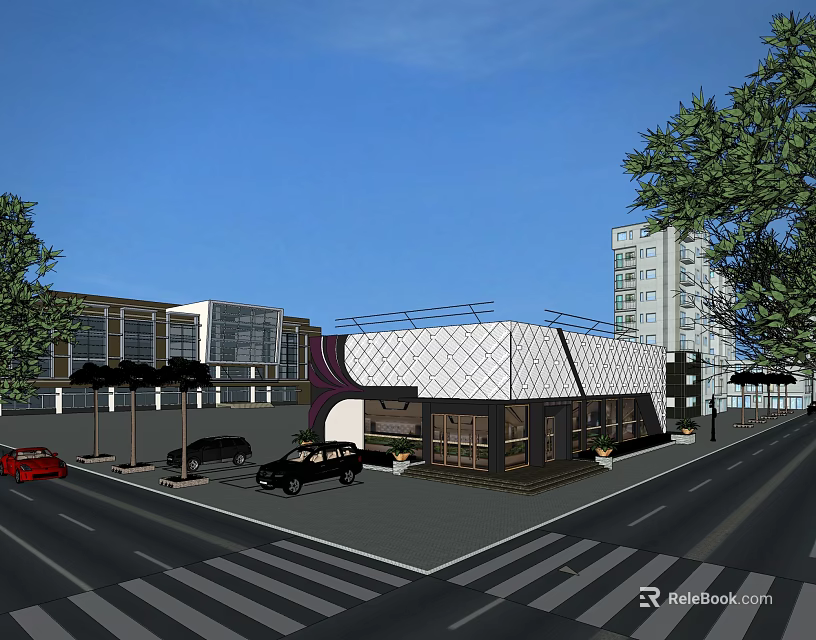 Modern Sales Office Building Exterior With Geometric Roof Entrance Area Street Trees And Parked Cars 3d model 