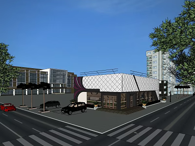 Modern Sales Office Building Exterior With Geometric Roof Entrance Area Street Trees And Parked Cars 3d model
