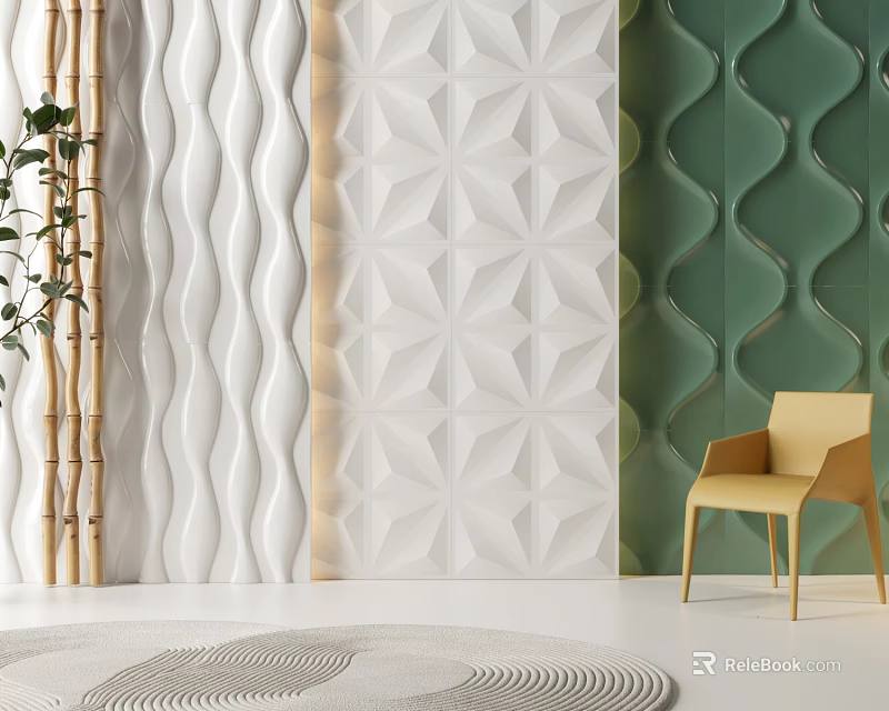 Modern Textured Background Wall Design With Wavy And Geometric Patterns And Accent Chair 3d model 