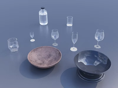 Transparent Wine Bottle With Various Types Of Wine Glasses And Bowls On Gray Background 3d model