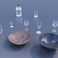 Transparent Wine Bottle With Various Types Of Wine Glasses And Bowls On Gray Background