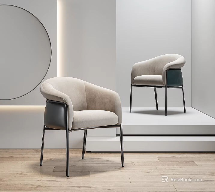 Modern Beige Accent Chairs With Curved Design And Black Metal Legs In Minimalist Showcase 3d model 