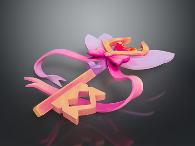 Heart-shaped key pink ribbon gem decoration fairy tale style gradient background realistic 3d model