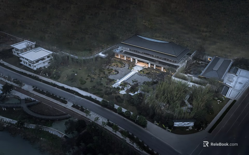 Modern Sales Office Building With Landscaped Garden And Illuminated Entrance 3d model 
