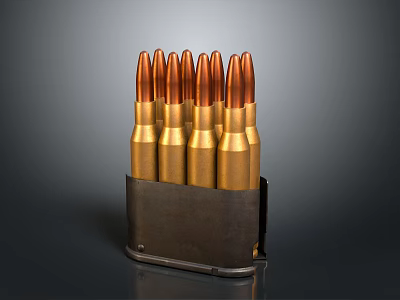 Weapon Bullets Stored in Metallic Magazine with Golden Casings and Copper Tips on Dark Background 3d model