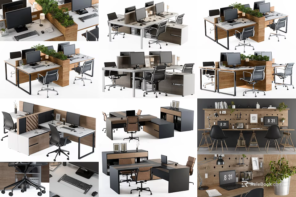 Modern Office Desk Interior With Computers Chairs Wooden Cabinets Green Plants And Contemporary Design 3d model 