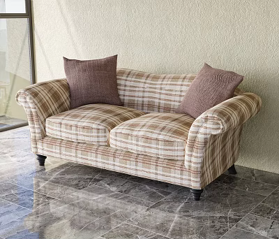 Plaid Pattern Three Seater Sofa With Rolled Arms Brown Pillows And Black Legs 3d model
