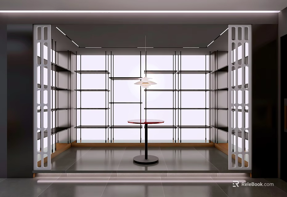 Modern Bright Interior Space With Large Windows White Framed Open Shelves And Pendant Lamp 3d model 