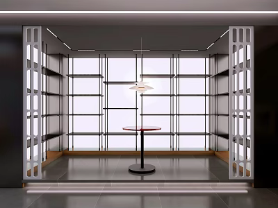 Modern Bright Interior Space With Large Windows White Framed Open Shelves And Pendant Lamp 3d model