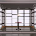 Modern Bright Interior Space With Large Windows White Framed Open Shelves And Pendant Lamp