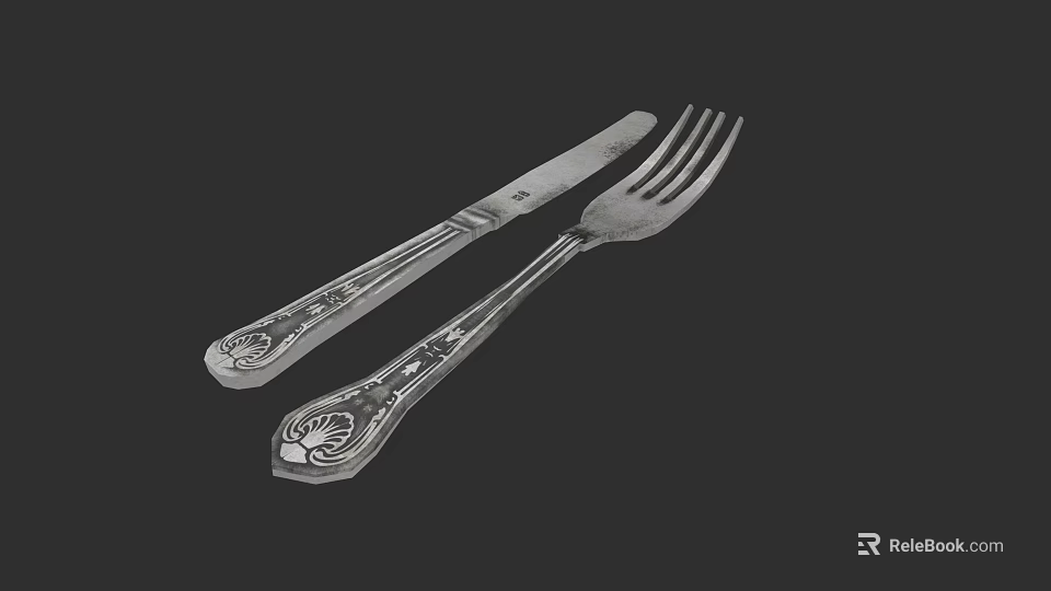 Elegant Silver Knife And Fork Cutlery Set With Decorative Engraved Handles 3d model 
