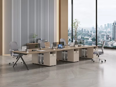Modern Public Office Area Interior With Long Desks Computers Gray Chairs And City View Windows 3d model