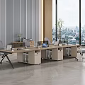 Modern Public Office Area Interior With Long Desks Computers Gray Chairs And City View Windows