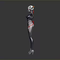 Cybernetic Game And Movie Character With Silver Metallic Body Red Glowing Lines And Outstretched Arms