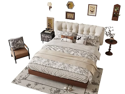 Cozy Double Bed Interior With Upholstered Headboard Bedding Pillows Nightstand Accent Chair And Wall Decor 3d model