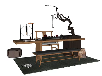 Natural Wooden Tea Table and Bench Setup With Decorative Branch Tea Sets and Rug 3d model