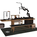 Natural Wooden Tea Table and Bench Setup With Decorative Branch Tea Sets and Rug