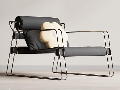 Modern Accent Armchair With Sleek Metal Frame Black Upholstery And White Floral Decorative Cushion 3d model